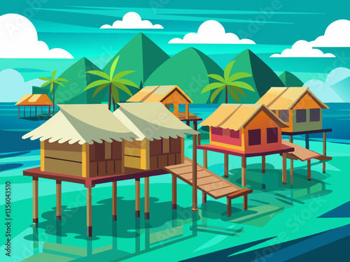 colorful illustration of a traditional bajau stilt house