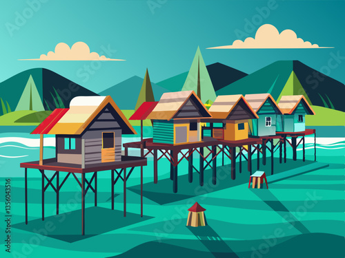 colorful illustration of a traditional bajau stilt house