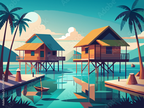 colorful illustration of a traditional bajau stilt house