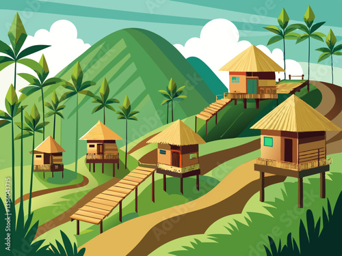 colorful illustration of a cluster of traditional bamboo house village