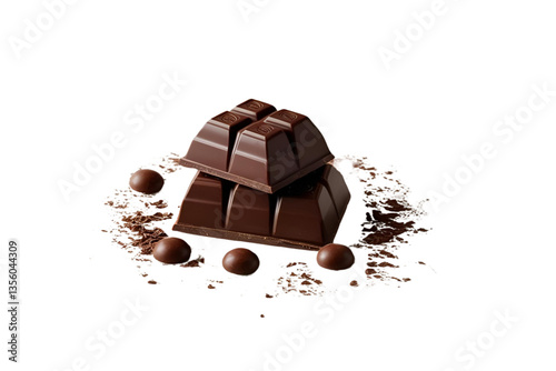 dark chocolate pieces, cocoa powder, white background, isolated, no background
