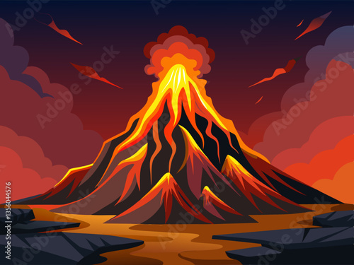 colorful illustration of a dramatic erupting volcano