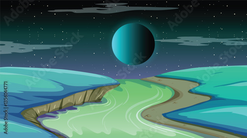 Futuristic Alien Landscape – Surreal Night Sky and Glowing River