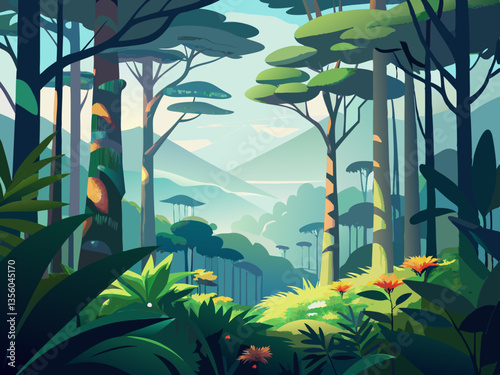 colorful illustration of misty rainforest