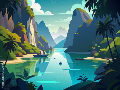 colorful illustration of peacefull lagoon surrounded by limestone cliff