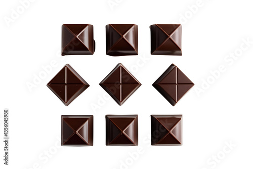 chocolate pieces, dark chocolate, pyramid arrangement, white background, isolated, no background