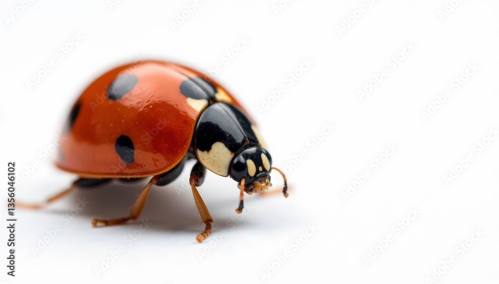 Close-up of a single ladybug on white background, wings, coccinellidae Close-up of a single ladybug on white background, wings, coccinellidae