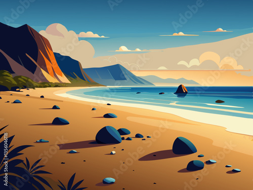 colorful illustration of black stone volcanic beach