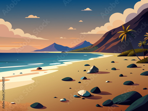 colorful illustration of black stone volcanic beach