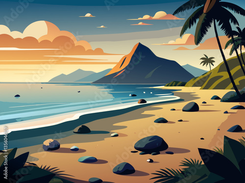 colorful illustration of black stone volcanic beach
