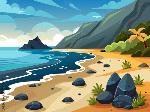 colorful illustration of black stone volcanic beach