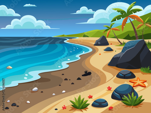 colorful illustration of black stone volcanic beach