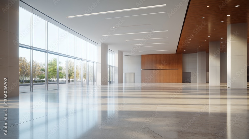 Modern spacious lobby with large windows and natural light in an urban building