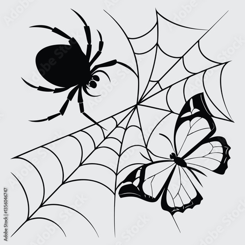 A spider trapping a butterfly in its web image silhouette design vector art and illustration