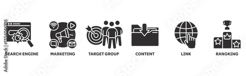 Search Engine Marketing (SEM) icon set illustration concept with icons of search engine, marketing, target group, content, links, ranking