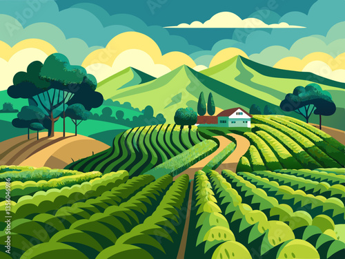 colorful illustration of scenic tea plantation