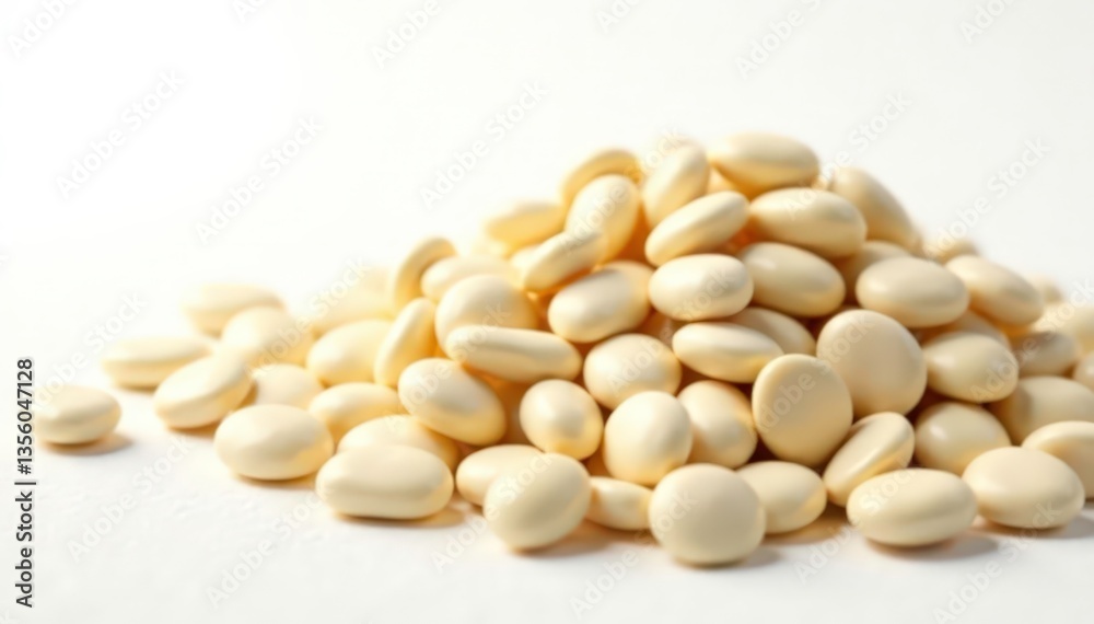 Close-up of heap of white beans against bright white backdrop, ingredient, white Close-up of heap of white beans against bright white backdrop, ingredient, white