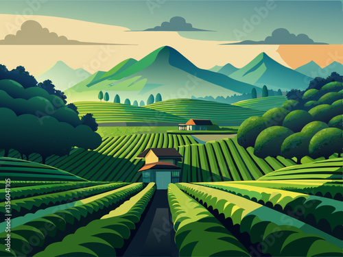 colorful illustration of scenic tea plantation