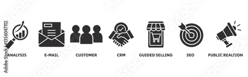 Inbound marketing icon set illustration concept with icon of analysis, email, customer, crm, guided selling, seo and public relations 