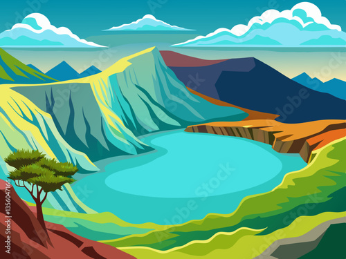 colorful illustration of kawah ijen scenic