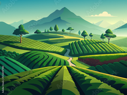 colorful illustration of scenic tea plantation