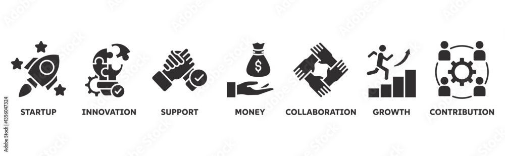 Fototapeta premium Crowdfunding icon set illustration concept with icon of startup, innovation, support, money, collaboration, growth, contribution 