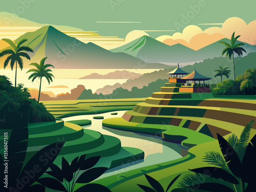colorful illustration of serene rice terrace in bali