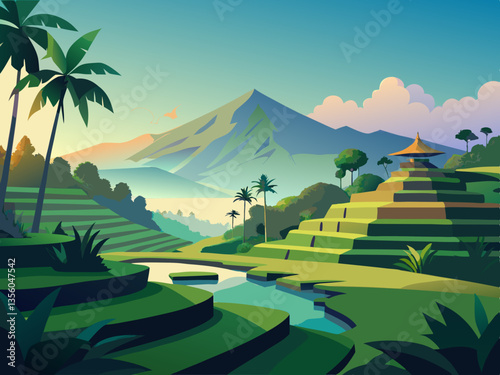 colorful illustration of serene rice terrace in bali