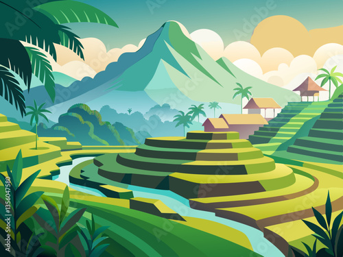 colorful illustration of serene rice terrace in bali