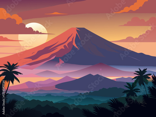 colorful illustration of sunrise and mount semeru