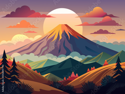 colorful illustration of sunrise and mount semeru