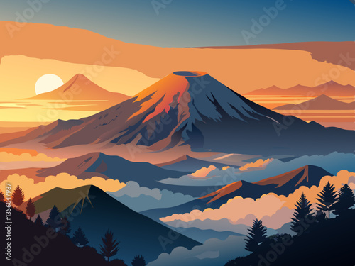 colorful illustration of sunrise and mount bromo