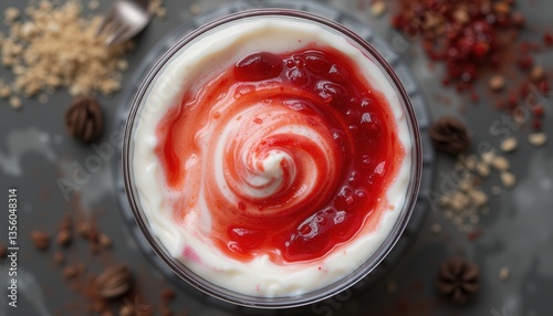 Delicious dessert with yogurt and fruit sauce on grey background  