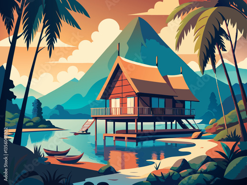 colorful illustration of traditional batak house