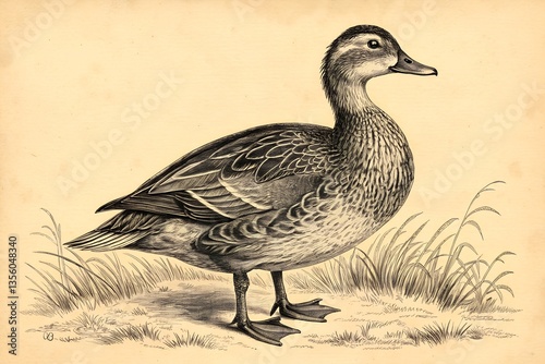 Duck side profile vintage engraving, wooden cut style drawing