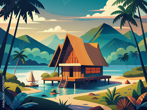 colorful illustration of traditional batak house