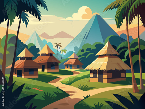 colorful illustration of traditional sasak village