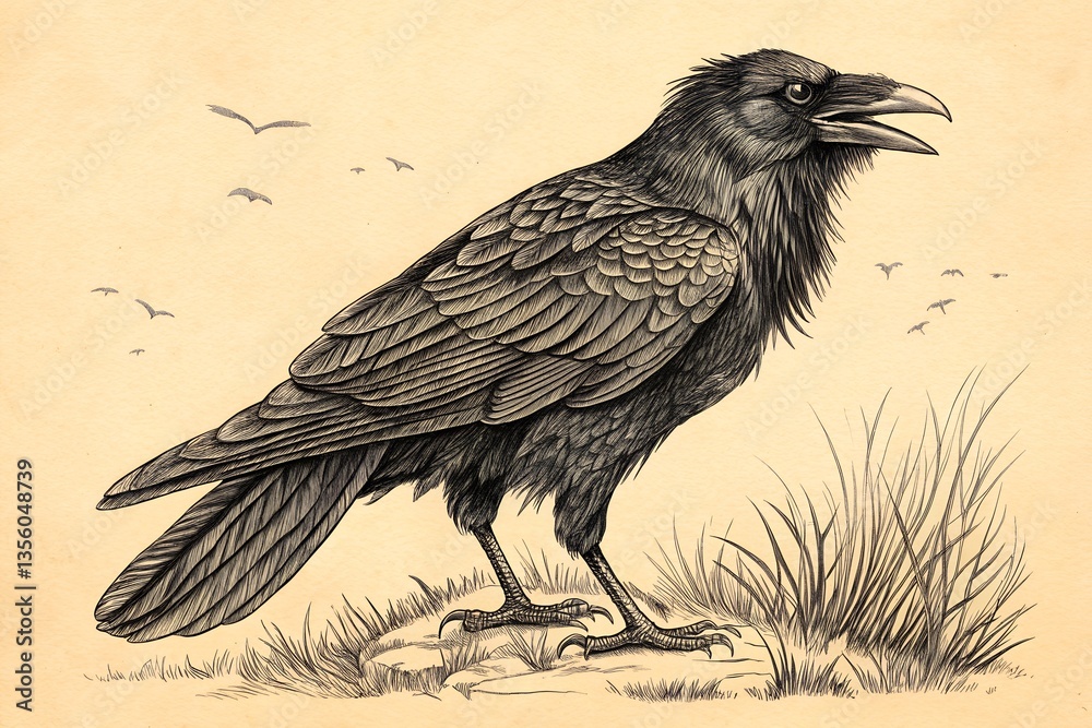 Fototapeta premium crow side profile vintage engraving, wooden cut style drawing