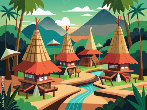 colorful illustration of traditional torajan village