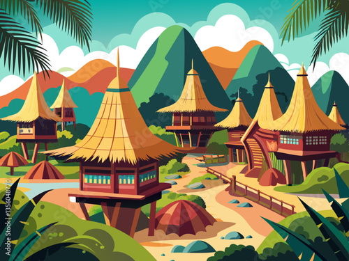 colorful illustration of traditional torajan village