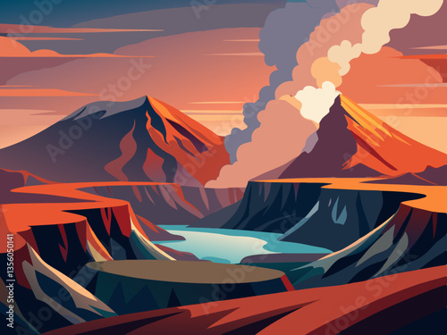 colorful illustration of volcanic crater
