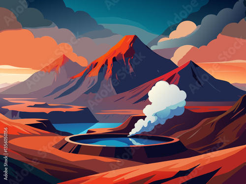 colorful illustration of volcanic crater