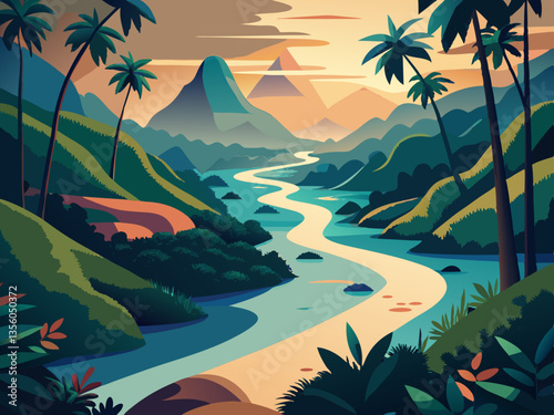 colorful illustration of winding river cutting landscape