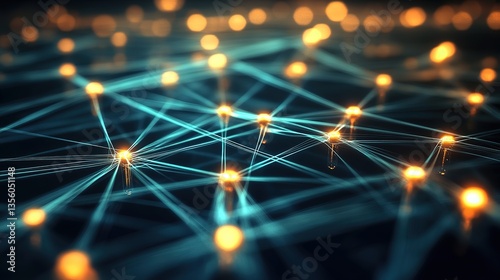 Glowing nodes and connections in a digital network, symbolizing interconnected technology and innovation.