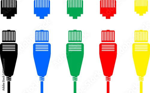 Ethernet cable plug black and colorful vector icon set. Vector illustration.