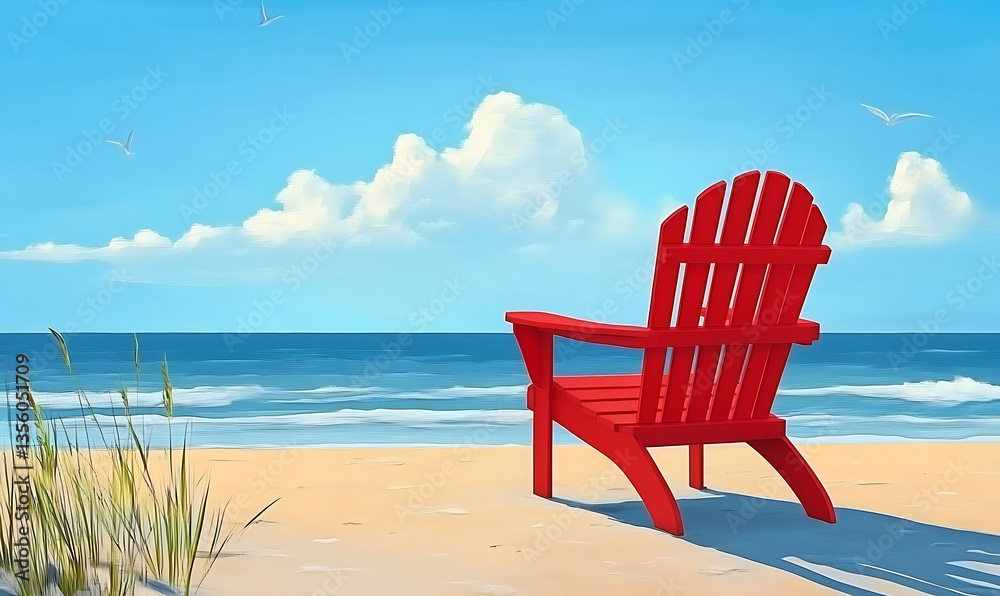 Red Adirondack chair on sandy beach, ocean view, sunny day , Red Adirondack chair on sandy beach, ocean view, sunny day ,