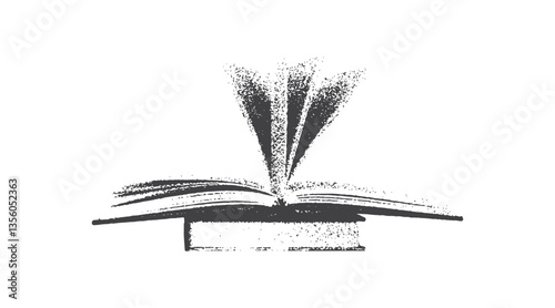 Opened book, collage component featuring an old-fashioned stipple photocopy effect. Book, antique stipple photocopy effect collage element, with retro grainy texture  y2k collage design