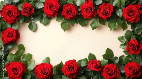 Red roses arranged in a frame on a beige background