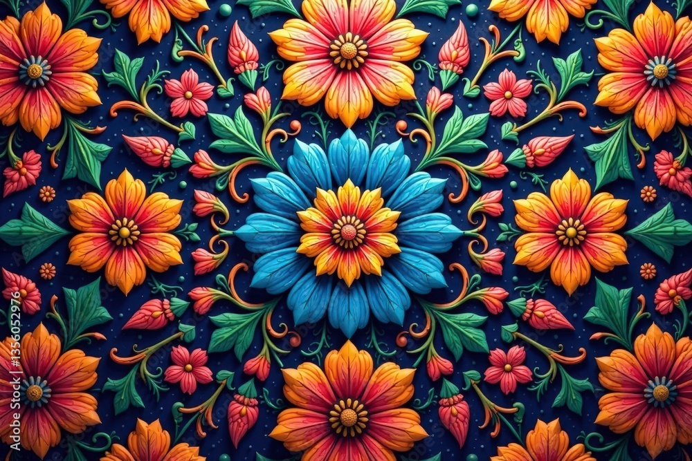 Intricate floral design, repeating motif in vibrant hues, colorful, blossom Intricate floral design, repeating motif in vibrant hues, colorful, blossom