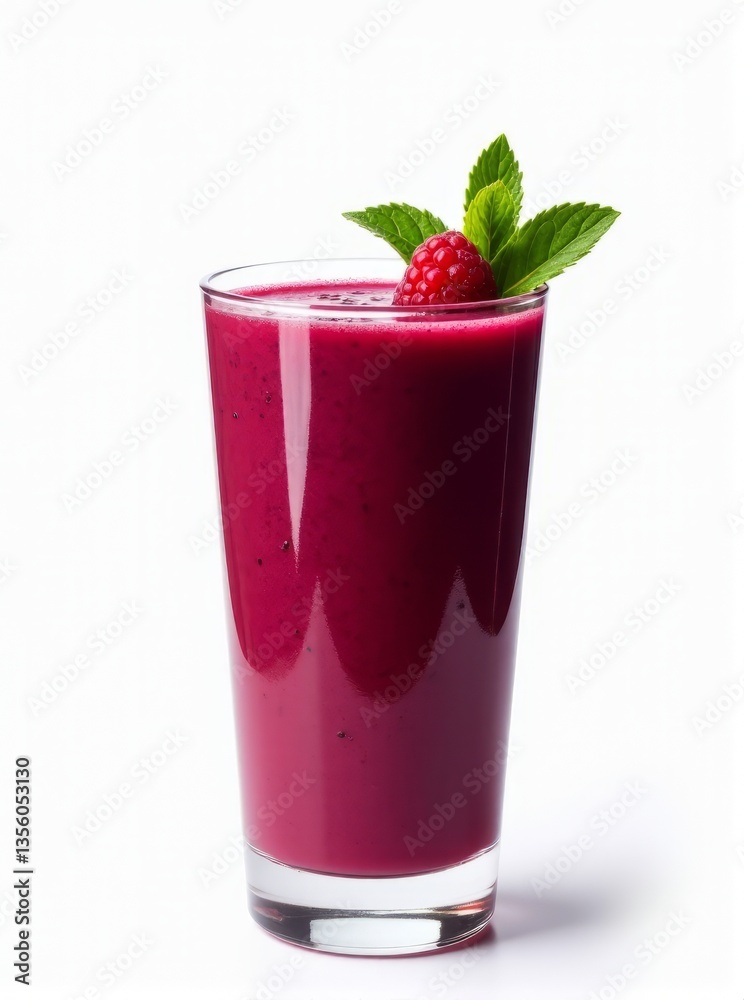 Healthy Beet Smoothie with Raspberry Garnish and Mint Leaves on White Surface Healthy Beet Smoothie with Raspberry Garnish and Mint Leaves on White Surface